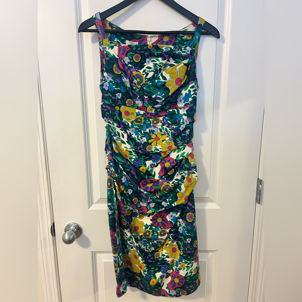 Suzi Chin for Maggy Boutique Strapless Floral Dress, Green, Yellow, Purple, sz 4